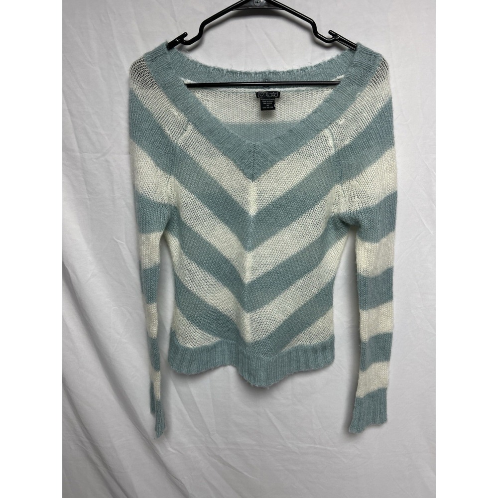 Heart Moon Star VTG Y2K Sweater V-Neck Open Knit White Blue Stripes  Fairycore M
